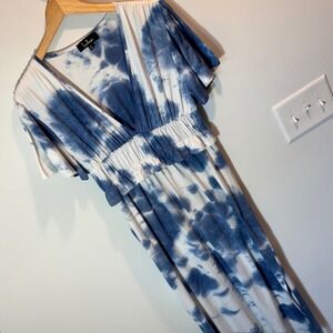 Lulus Women's Blue White Tie Dye Midi Dress Ruffle Waist Deep V Size M Boho